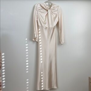 Elegant Cream Satin Long-Sleeve Twist-Neck Dress